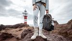 sky, backpack, jeans, shoestrings, lighthouse, thermos, stone