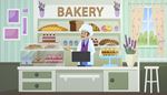 window, croissant, counter, pastries, curtain, necktie, muffin, cake, donut, bread, stool