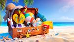 aurinkovoide, matkalaukku, meritahdet, uimaranta, hiekka, sandaalit, rapylat, kotilo, palmu, pallo, hattu, pyyhe