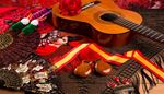 koristekampa, flamenco, espanjalainen, kastanjetit, otelauta, espanja, tuuletin, nauha, kielet, kitara, hapsut, kukka
