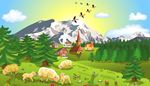 mountain, lamb, village, pasture, slope, flock, duck, church, house, sheep, herd