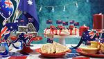 cakestand, kangaroo, meringue, raspberries, blueberry, dessert, flag, australia, garland, syrup, candle, plate, star