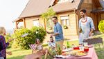 deckchair, badminton, barbeque, shuttlecock, house, gutter, roof, backyard, lawn