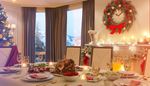 astiasto, joulukranssi, poytaliina, viinilasi, illallinen, rusetti, oliivi, samppanja, takka, sukka, kello