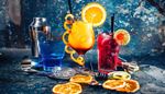 cocktail, citroenschil, shaker, sinaasappel, spiraal, glas, rietje, sap, kers, ijs