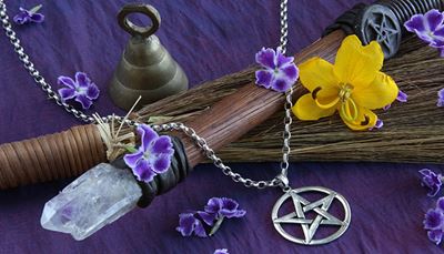witchcraft, pentagram, crystal, violet, purple, amulet, chain, bell, broom, staff, star