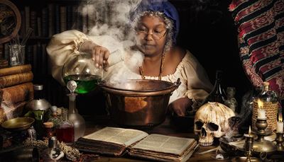 witchcraft, candlestick, alchemist, beads, steam, grayhair, caldron, bookbinding, skull, orbit, potion, bottle, flame, liquid