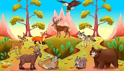 орёл, горныйкозёл, секвойя, животное, олень, копыта, белка, лиса, медведь, шакал, рога