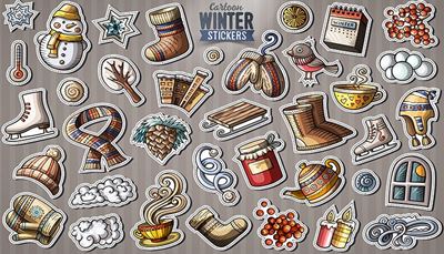 thermometer, iceskates, calendar, snowflake, berries, cone, teapot, mittens, jam, hat, steam, sled, snowman, snowball, building