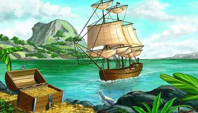 ship, treasure, chest, padlock, island, gull, mast, gold, sail, coins