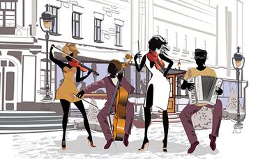 violinbue, harmonika, restaurant, vindue, musik, slidse, violin, gadelampe, cello, gade