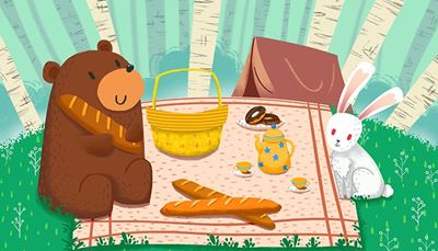 teapot, baguette, basket, donut, bear, picnic, tent, birch, ears, meadow, hare, tea