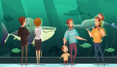 visiteurs, poisson, aquarium, raiemanta, dauphin, algues, enfant, bulles, requin, père, reflet