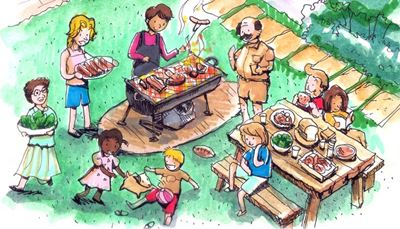 familie, måltid, grillparty, græsplæne, grill, gangsti, bord, pølse, baghave, bold, busk, bænk