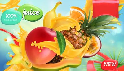 appelsin, juice, pasjonsfrukt, prosent, papaya, ananas, reklame, banan, hundre, frukt, nyhet, mango