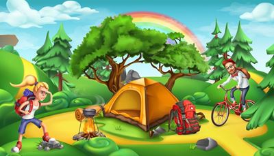 telt, lejrbål, jerngryde, cykel, camping, regnbue, rygsæk, sky
