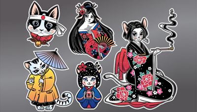 ohren, regenschirm, schnurrhaare, schwanz, mantel, haarreif, geisha, fächer, aufkleber, pfeife, rauch, ärmel, glocke, japan, kimono