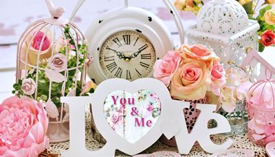 love, decoration, heart, ampersand, peony, numerals, rose, clockhand, bird, clockface, cage, clock