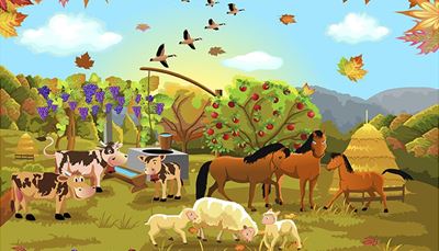 jesień, pastwisko, stógsiana, liśćklonu, winnica, cielę, studnia, jagnię, źrebak, krowa, stado, owca