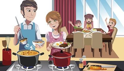 kauha, porkkana, paistettumuna, aviomies, illallinen, vanhemmat, esiliina, lasta, verho, vispilä, veitsi, kasari, kansi, vaimo, perhe