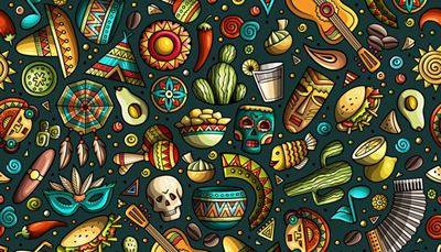 avocado, traumfänger, maracas, schädel, chili, akkordeon, gitarre, zitrone, sombrero, zigarre, wigwam, maske, kaktus, note, fisch