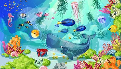 koral, morskiświat, kaszalot, konikmorski, dno, ławica, algi, ogon, płetwa, meduza, krab