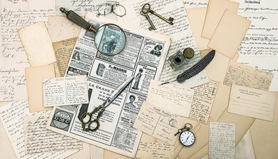 nožnice, atrament, lupa, hodinky, cviker, pierko, rukopis, písmo, kľúče, list, noviny
