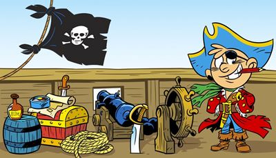 sabel, sørøverklap, kanonkugle, piratjakke, kompas, kanon, kiste, tricorne, tønde, hjul, jollyroger, dolk, væge, pirat, tov