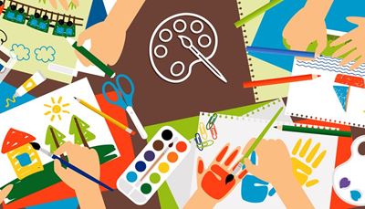 kreativita, plachetnica, odtlačokruky, ceruzka, akvarel, spinka, paleta, oblak, slnko, vlny, vagón, štetec, maľba, dlaň