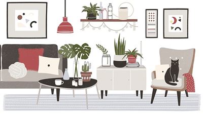 mesa, lâmpada, travesseiro, plantas, regador, poltrona, grinalda, gato, quarto, quadro, cacto