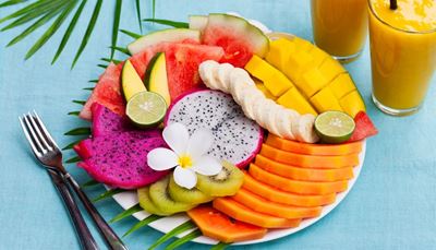 frugter, frangipani, pitahaya, juice, papaja, vandmelon, kiwi, gaffel, lime, mango, banan, frugtkød