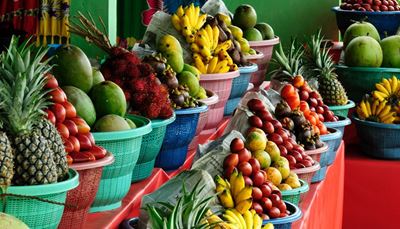 passionsfrugt, mangostan, marked, frugter, kokosnød, ananas, tomat, mango, banan