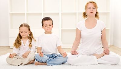 hija, meditación, madre, alfombra, familia, postura, coletas, hijo