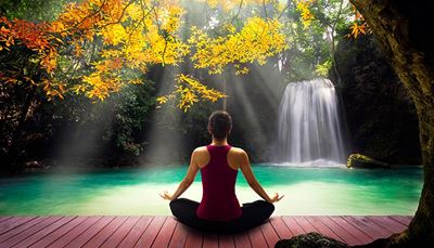 haz, meditación, silencio, tronco, espalda, cascada, lago, yoga