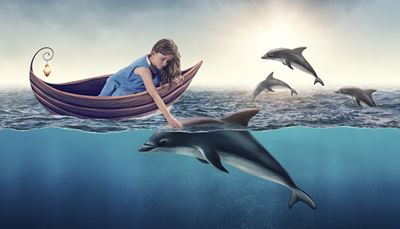 dívka, skok, delfín, paže, lucerna, ploutev, moře, hladit, hlubina, člun, vlasy