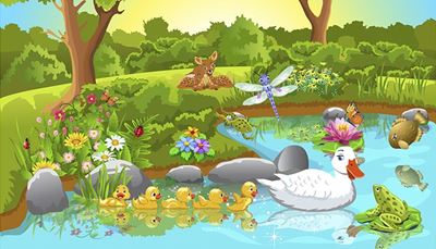 fish, chamomile, waterlily, butterfly, dragonfly, duckling, duck, trunk, fawn, brood, ladybug, frog