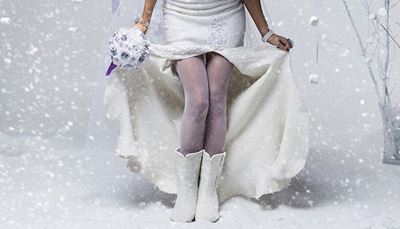 feltboots, pantyhose, snowfall, bracelet, branches, hemline, legs, snow, bouquet, bride