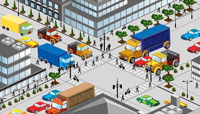 car, trafficlight, intersection, pedestrians, windshield, truckbed, crosswalk, window, sidewalk, truck, megapolis