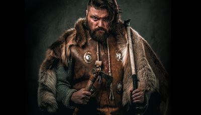 blikk, ringbrynje, kriger, viking, skjegg, neve, øks, pels