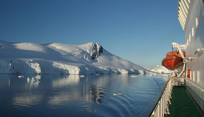 lifeboat, mountain, handrail, cruiseship, antarctica, icefloe, ocean, calm, deck, glacier