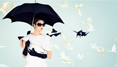 рокля, очила, черен, оригами, жерав, ръкавици, дама, чадър, мода