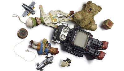 maszynadoszycia, zabawki, marionetka, samolot, vintage, litera, ekran, lalka, miś, robot, jojo