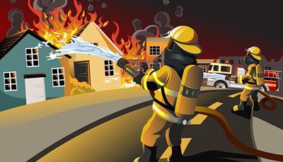vannstråle, vindu, brannslange, brannmann, respirator, gassflaske, brann, røyk, oksygen, vei