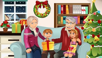 mašle, vánočníhvězda, dědeček, gauč, zvonek, vánoce, věnec, babička, ozdoba, okno, knihy, dárky