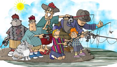 kalastaja, sandaalit, aurinko, koira, virveli, kieli, vapa, kala, perhe