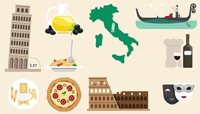pizza, gondolier, spagetti, colosseum, gandola, italia, grader, maske, pasta, olje, tårn, ravioli, vin