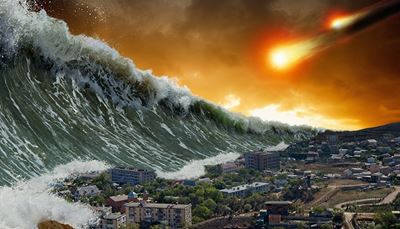 onda, apocalisse, distruzione, asteroide, edificio, città, tsunami, spuma