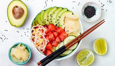 avocado, watermelon, cucumber, bowl, chopsticks, stone, lime, ginger, sprouts