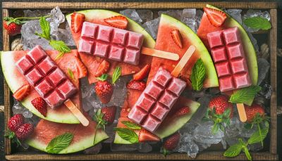 isglass, kvadratisk, grönmynta, vattenmelon, svalka, skiva, låda, jordgubbe, pinne, is