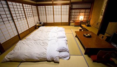 traditionell, tatami, futon, lampa, kudde, rum, täcke, bord